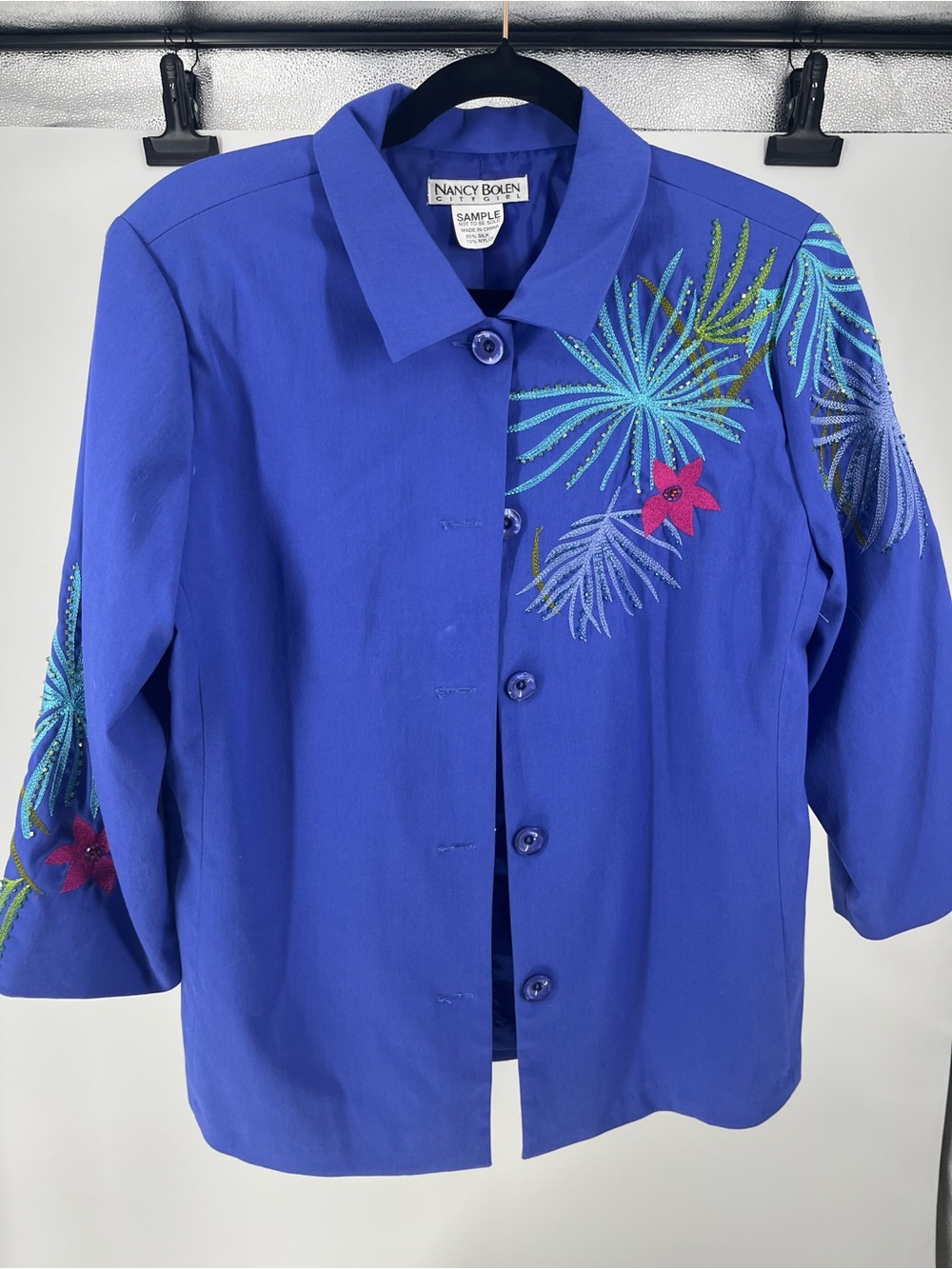 Nancy Bolen Women's Royal Blue Embroidered Button-Front Blazer